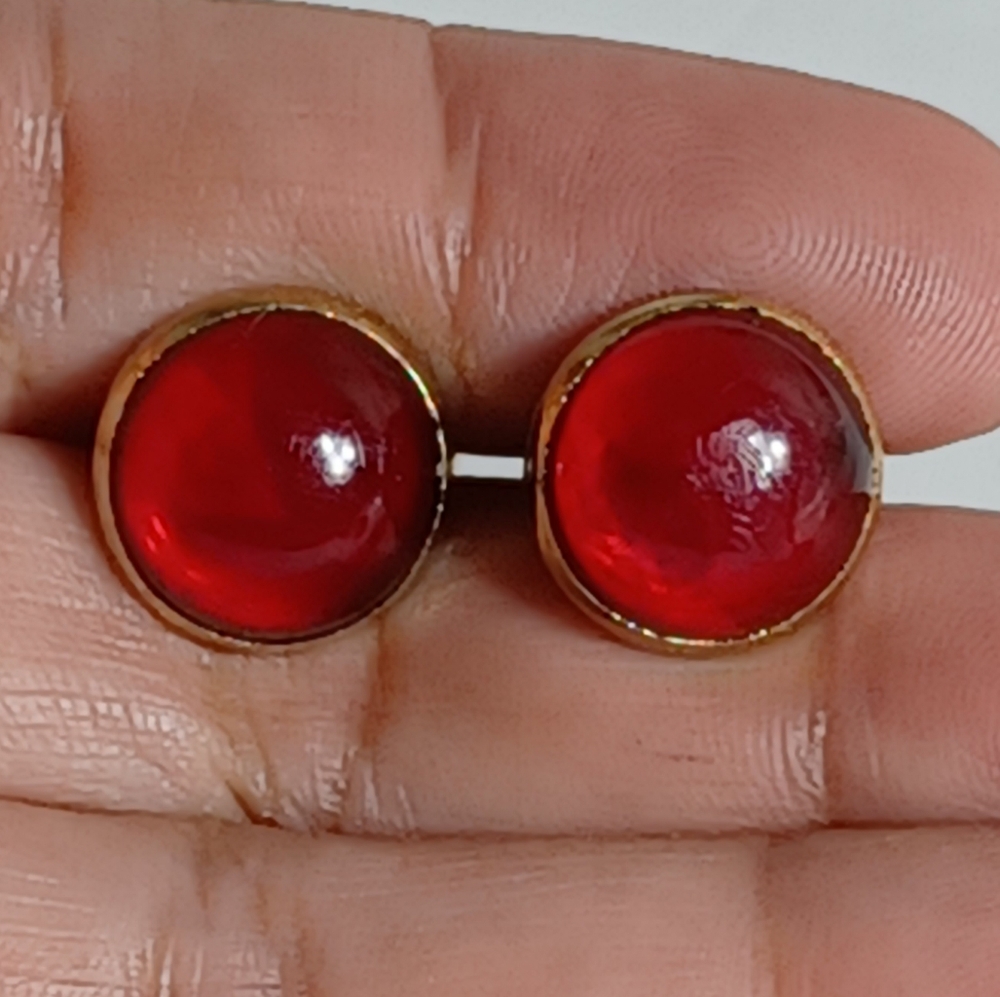 VINTAGE RUBY RED ROUND CUFFLINKS - Picture 5 of 11